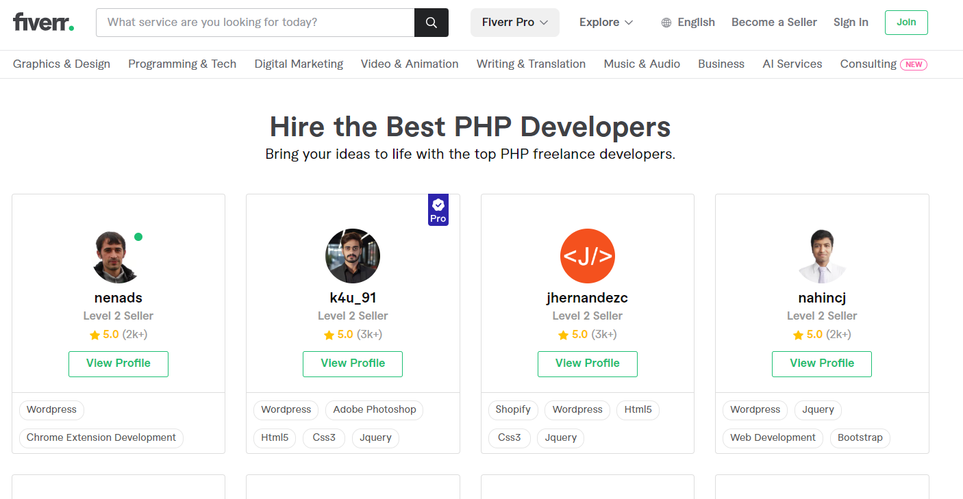 Fiverr - Top-Tier Freelance PHP Developers at Your Fingertips - Instant Hiring
